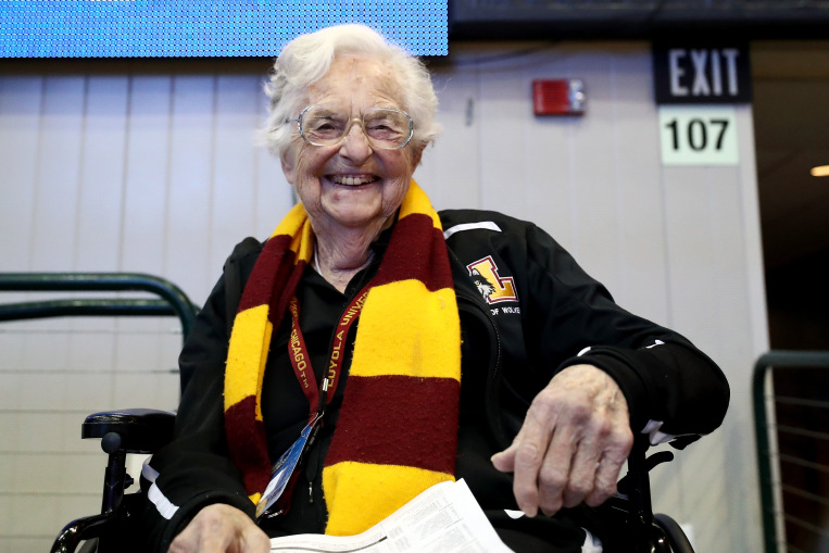 DALLAS, TX - MARCH 17:  Sister Jean Dolores-Schmidt poses for a photo before the game between the Loyola Ramblers and Tennessee Volunteers during the second round of the 2018 NCAA Tournament at the American Airlines Center on March 17, 2018 in Dallas, Texas. (Photo by Ronald Martinez/Getty Images) ORG XMIT: 775103372
